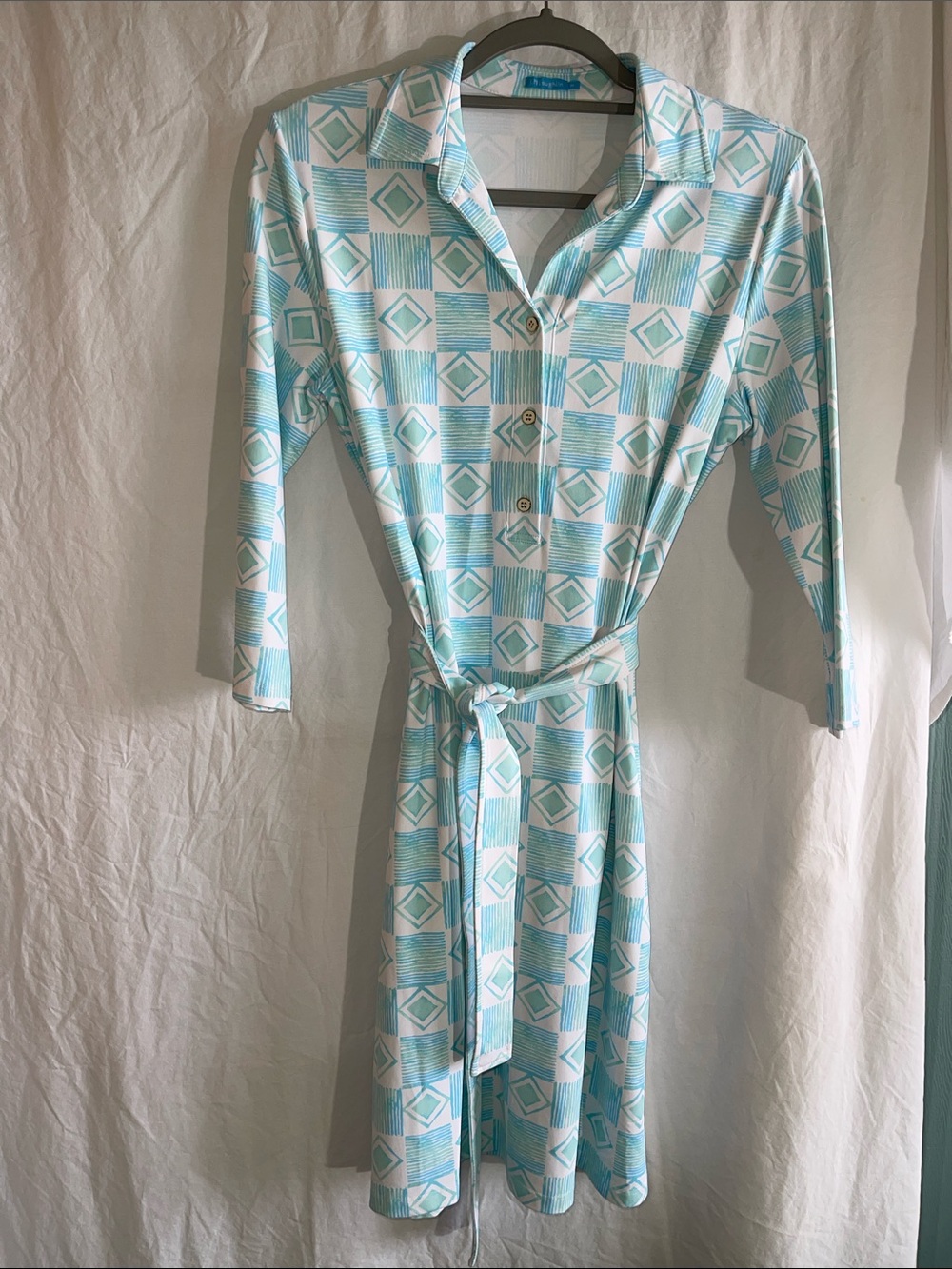 J. McLaughlin Geometric Print Belted Dress in Aqua & White New w/o tags M